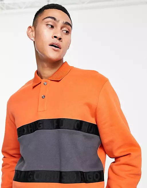 HUGO Dassaku retro long sleeve polo in dark orange with tapped detail